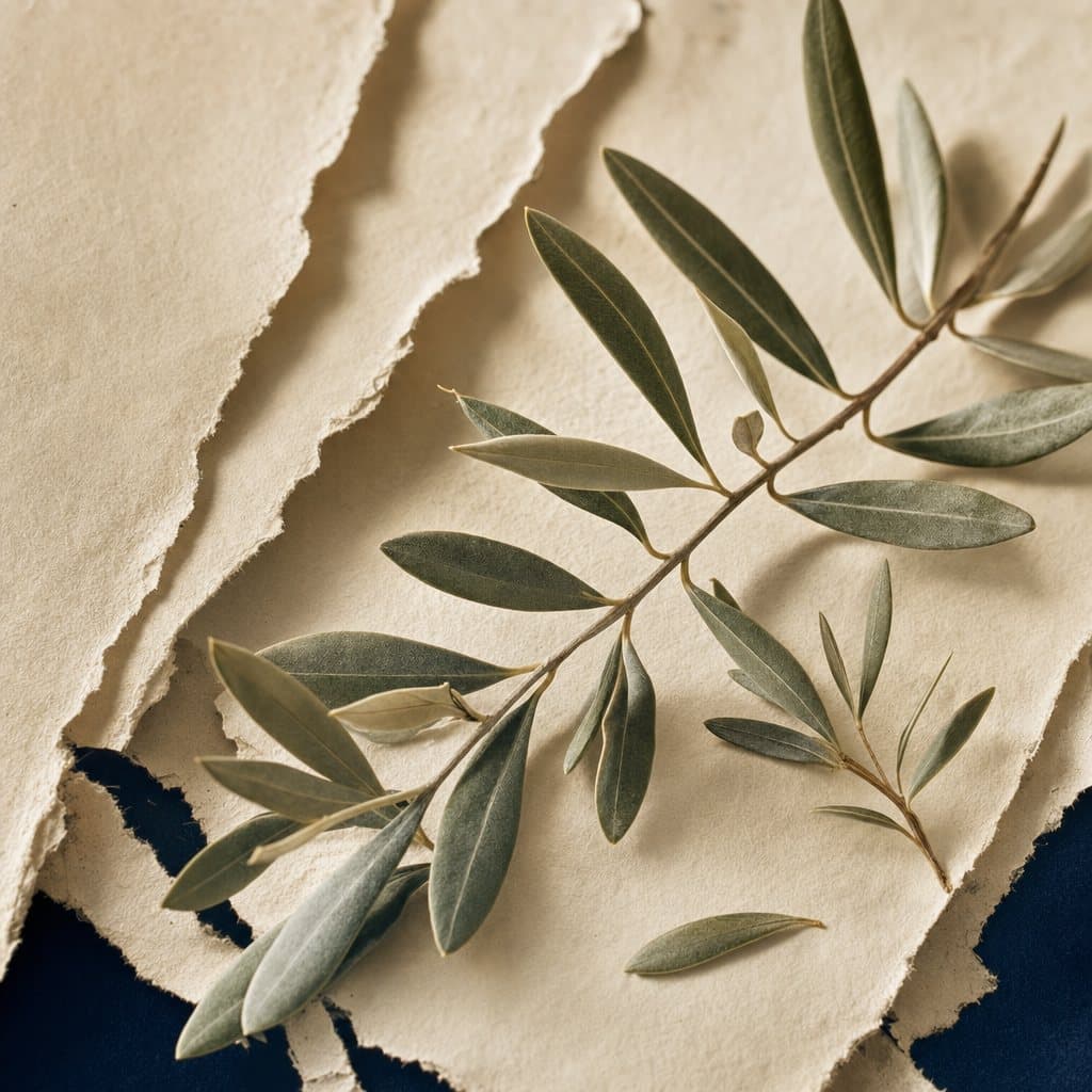 Olive sprigs on torn handmade paper over a deep navy cloth